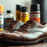 A pair of polished brown smooth leather dress shoes sits on a table, surrounded by various shoe care products, including waterproofing spray and other better alternatives like bottles and sprays labeled "Helaint," "Gayert," and "Heaterproof.