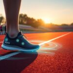 Close-up of a person wearing the black Xero XB+ SmartShoe, featuring digital elements on a track. The shoe displays glowing icons and the brand name "Xero." In the background, a group runs, with a digital clock showing 14:06—ideal for sensor-driven running form optimization unveiled at CES 2025.