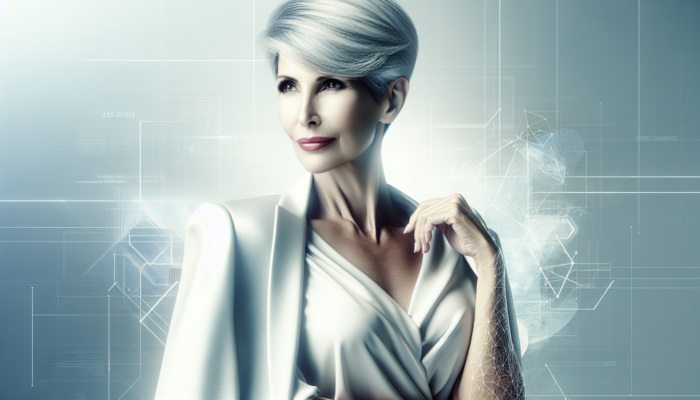 Elegant older woman with chic pixie haircut and silver hair, posing confidently.