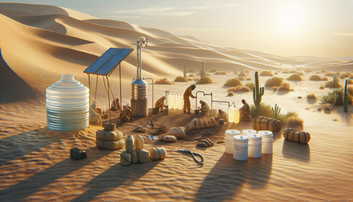 A person in a desert using a solar still to purify water, with storage containers, under harsh sun.