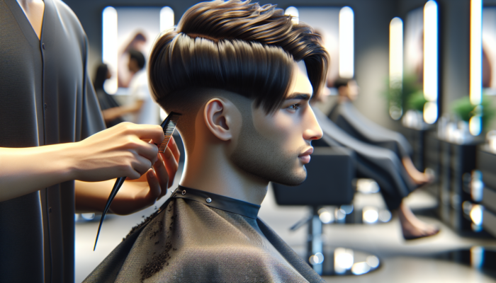 A person getting a medium short haircut trimmed in a modern salon, focusing on sharp edges and eliminating split ends.