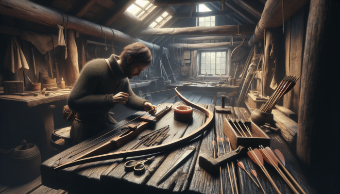 A person in a rustic workshop carefully inspecting and maintaining a primitive bow and arrows.