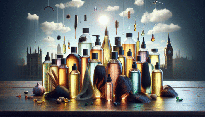 Bottles of hair oils on a wooden table, labelled with various benefits, designed for different hair types, with a backdrop reflecting the UK weather.