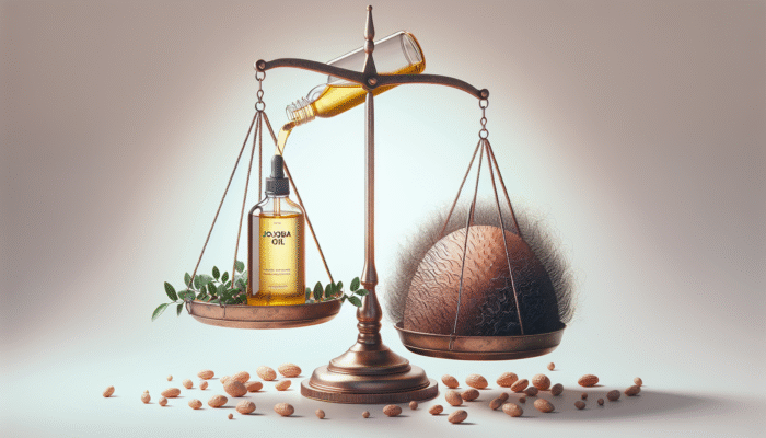 Jojoba oil balancing hair and scalp oils, with tea tree leaves, promoting a healthy, dandruff-free scalp.