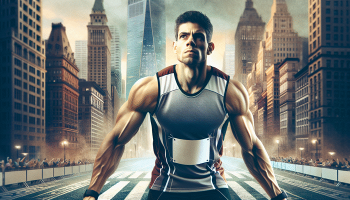 Athlete at starting line, heart racing, visualising finish in NYC marathon, skyline backdrop.