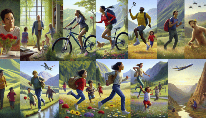 Joint Health Supplements: People hiking, biking, and playing with children in a lush outdoor setting, symbolising enhanced mobility.