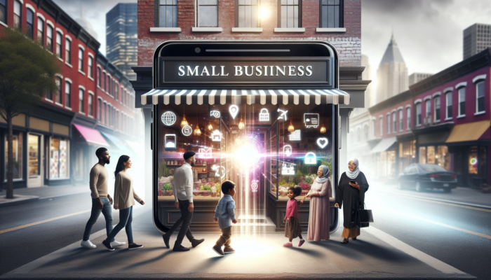 A vibrant Google local listing displayed on a smartphone attracting customers to a bustling small business storefront.