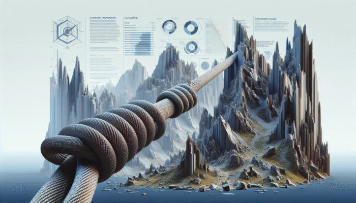 A rugged mountain climbing rope with enhanced abrasion resistance navigating rocky terrain.