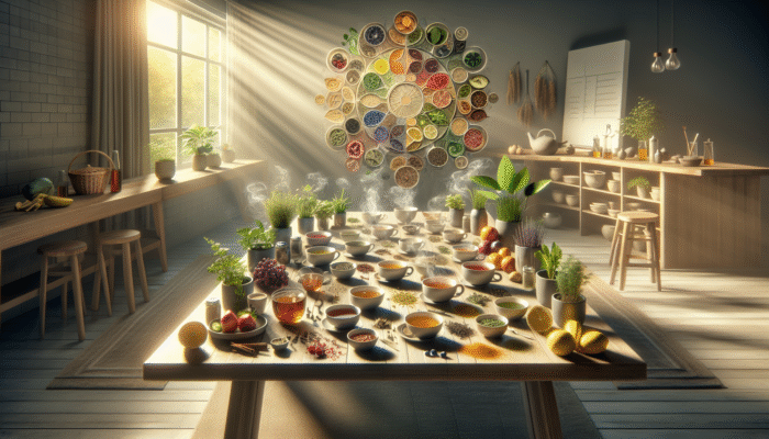 Herbal Tea Recipes for Beginners: A serene kitchen table with steaming herbal tea cups, fresh herbs, fruits, and spices, symbolising caffeine-free health.