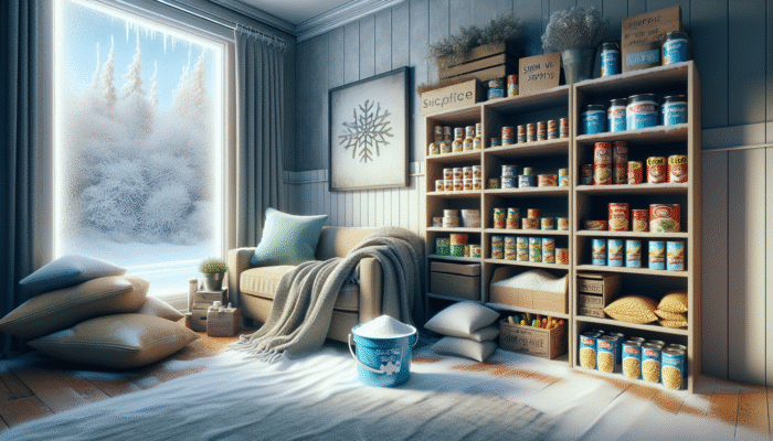 A cozy living room with blankets, stocked shelves of food, and de-icing salt, ready for winter.