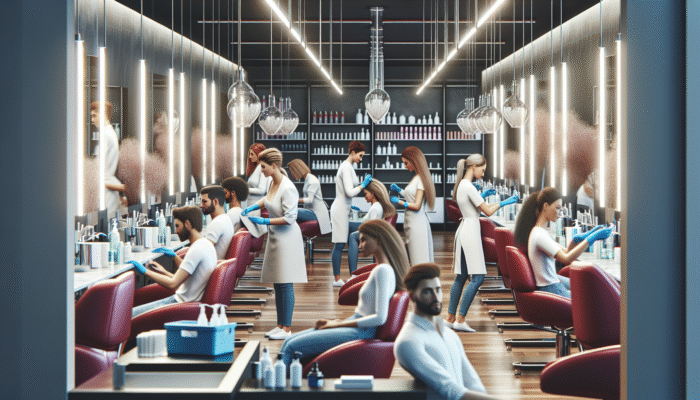 A modern salon with staff cleaning surfaces and sanitising tools, ensuring a safe, hygienic environment for relaxed clients.