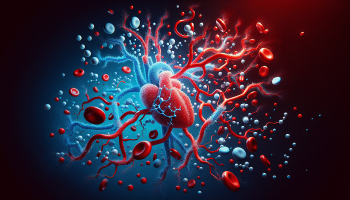 Illustration of nitric oxide molecules enhancing cardiovascular health in blood vessels, with red and blue colors.
