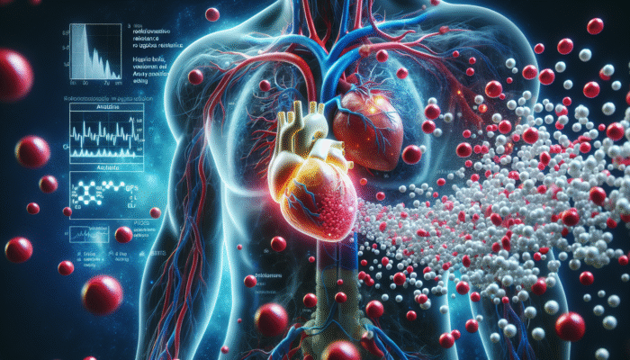 Illustration of nitric oxide improving blood flow and reducing symptoms in a heart affected by cardiovascular diseases.