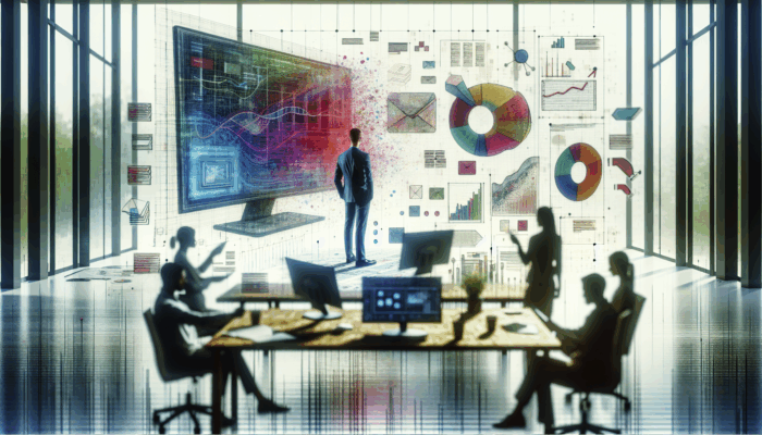 A modern office with an entrepreneur analyzing Google Business Dashboard data on a large screen, surrounded by notes and a coffee cup.