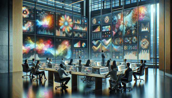 Modern office with digital dashboard showing graphs and competitor data, professionals analyzing Google Business profiles.