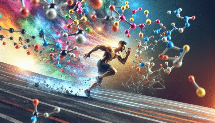 An athlete running uphill with BCAA molecules boosting endurance, on a colorful, energetic background.