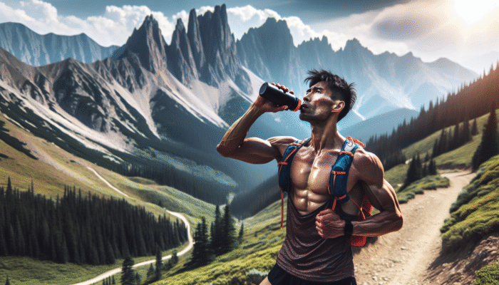 Ultramarathoner post-race in Rockies, drinking BCAA supplement, muscles recovering, scenic mountains.
