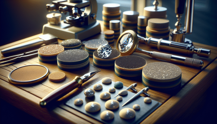 A variety of diamond polishing pads with different grits displayed on a workbench alongside a loupe and diamond in a workshop.