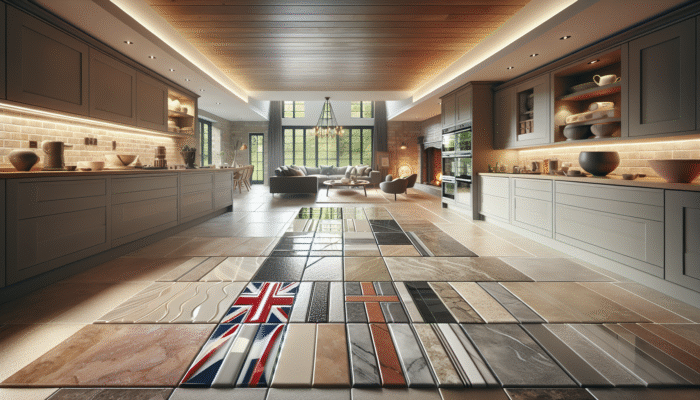 UK home interior featuring glossy ceramic, smooth porcelain, and textured natural stone tiles, each treated with suitable sealers.
