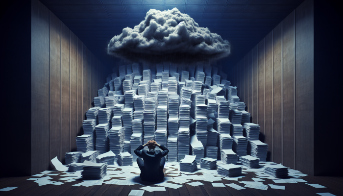 Debt Consolidation And Self-Esteem Recovery: A Guide to Financial Wellness | DCL A person overwhelmed by debt, surrounded by bills, with a dark cloud symbolizing anxiety and depression.