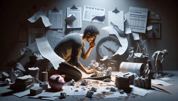 Does Debt Consolidation Hurt Your Future Loans: Impact Explained | DCL Person in a dimly lit room, surrounded by financial documents, anxiously calculating extended debt repayment on a calculator, calendar showing prolonged dates.