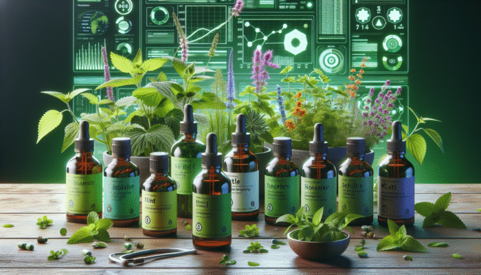 UK herbal tinctures with nettle, mint, and rosemary, displayed in a lush, green setting.