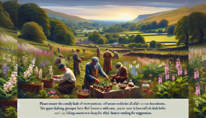UK countryside scene with herbalists sustainably harvesting orchids and ginseng for natural remedies.