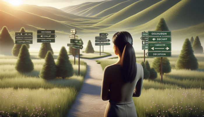 A person choosing among various debt consolidation paths in a serene landscape.