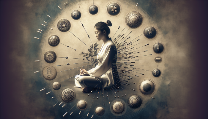 A tranquil Asian woman receiving acupuncture, surrounded by symbols of acupressure, reflexology, and cupping.
