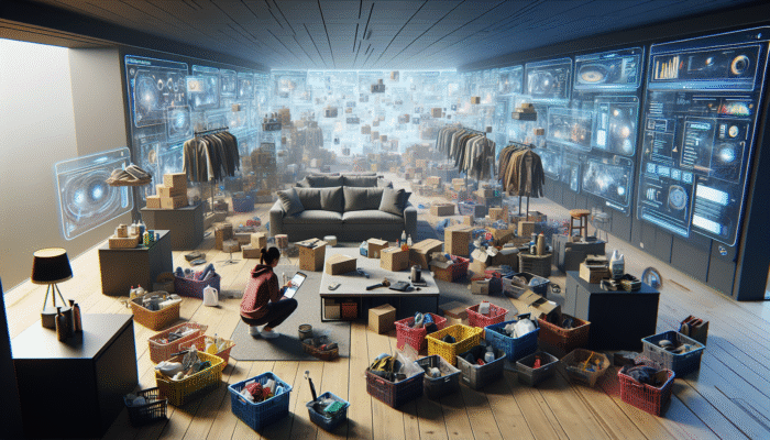 Person organizing and packing items into labeled boxes in a cluttered living room for house clearance.