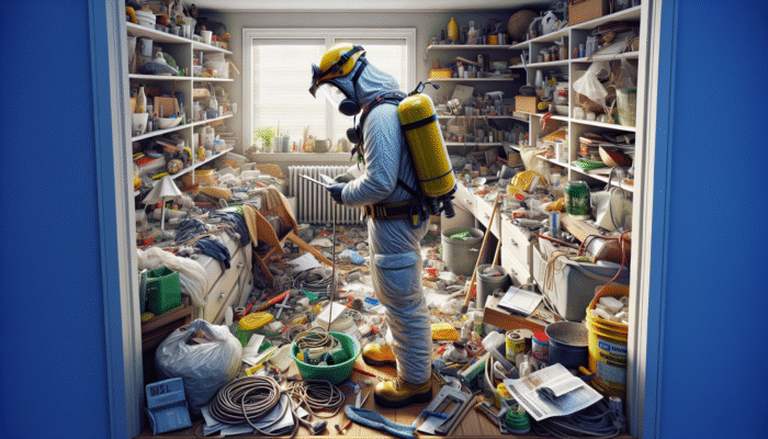 Person in safety gear navigating cluttered house, assessing risks for safe clearance.
