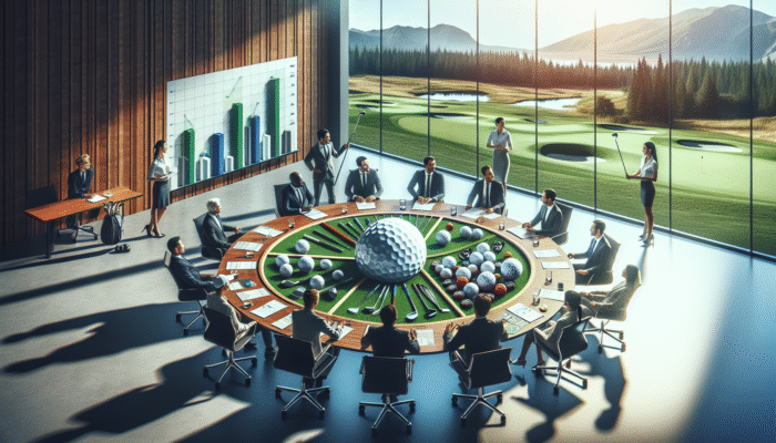 A detailed financial planning scene with a golf team event budget chart, golf equipment, and team members discussing in a modern conference room overlooking a golf course.