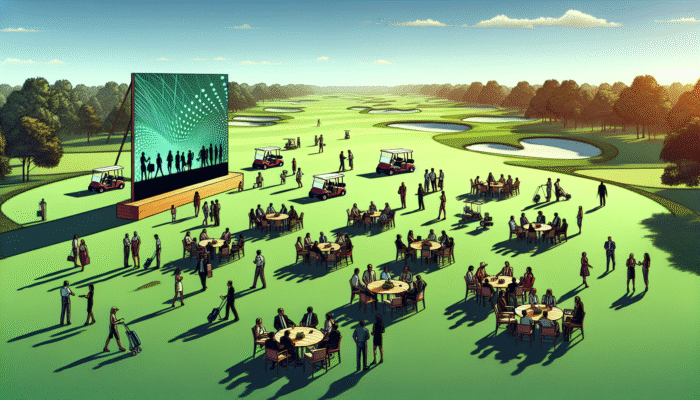 A busy event planning scene at a golf course with groups negotiating discounts and a social media screen showing marketing strategies.