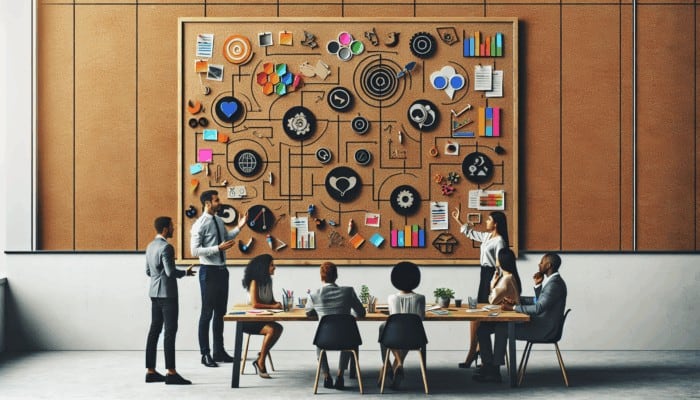 A creative workspace featuring a planning board and team members brainstorming video content strategies.