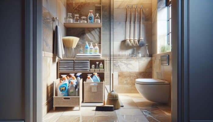 Australian bathroom featuring travertine tiles and appropriate cleaning supplies for natural stone care.