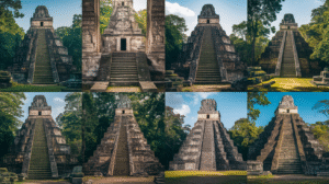 A collage of eight images shows ancient stepped pyramids—archaeological treasures of the Ancient Maya—made of stone and surrounded by lush greenery. Each pyramid features a central staircase leading to a small structure at the top.