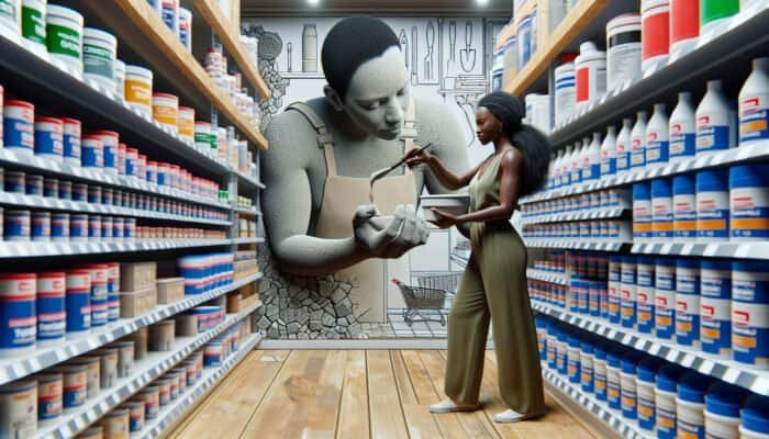 A homeowner applying affordable cement-based filler for travertine holes at a well-lit hardware store in Australia.