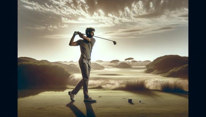 Golfer swinging on a South African course at mid-morning, benefiting from optimal lighting and a plain background.