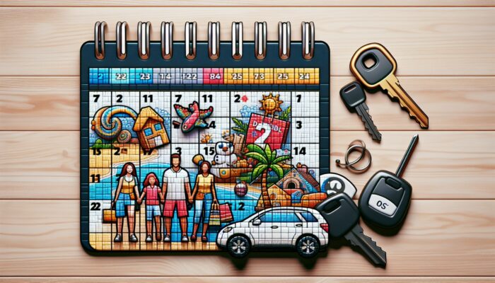 Calendar marked with holiday dates and discount symbols, surrounded by car keys, travel brochures, and a family planning a vacation.