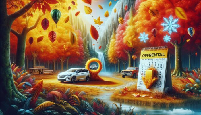 A tranquil autumn landscape featuring a car rental office, colourful falling leaves, and a calendar highlighting off-peak seasons.