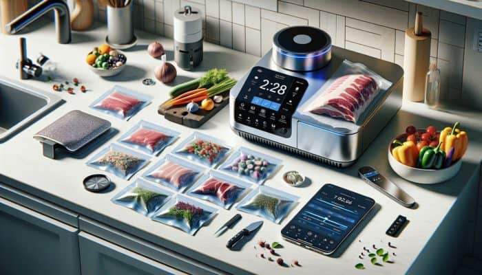 Essential sous vide equipment including a precision cooker, vacuum-sealed bags, digital thermometer, and smartphone app, displayed on a kitchen countertop.
