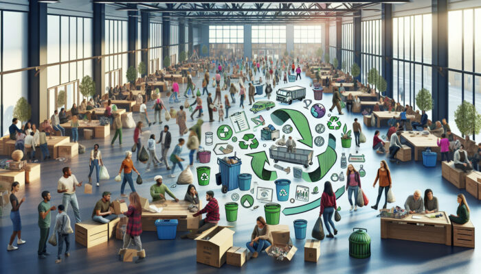 A vibrant UK community centre with people donating and reusing items, promoting sustainability and waste reduction.