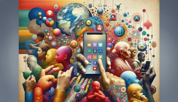 A vibrant mobile interface with large text and intuitive navigation, catering to diverse global users.
