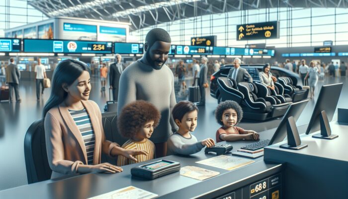 Family at car rental desk choosing GPS and child seat, with a busy airport backdrop.