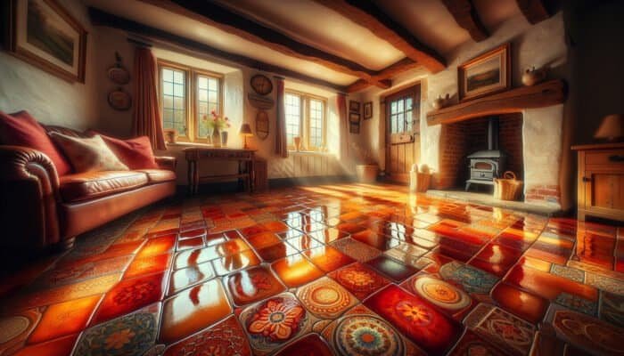 A beautifully polished terracotta floor in a UK cottage, creating a warm and inviting atmosphere.