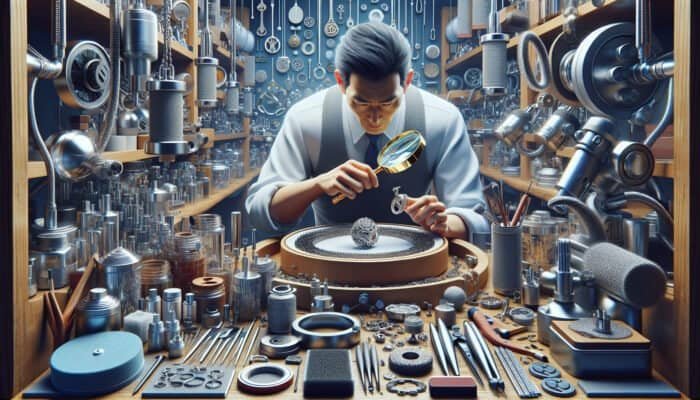 A professional examining terracotta tiles with a magnifying glass in a well-equipped workshop.