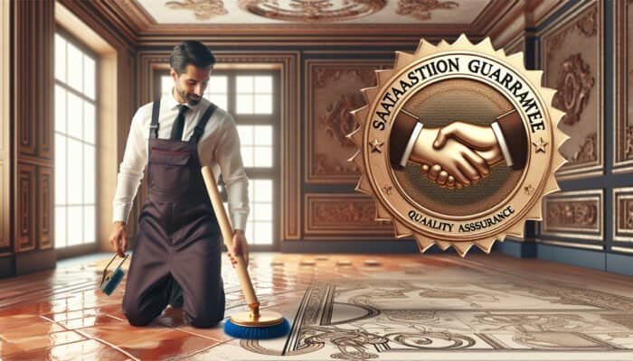 Professional polishing a terracotta floor, with a satisfaction guarantee certificate displayed, symbolising trust and quality.
