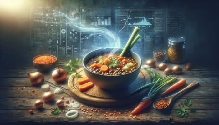 A comforting bowl of steaming lentil soup featuring carrots, onions, and celery on a rustic wooden table.