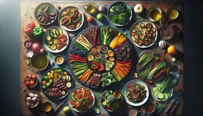 Colourful Whole30 meal plan with Mediterranean and Asian dishes on a rustic table.