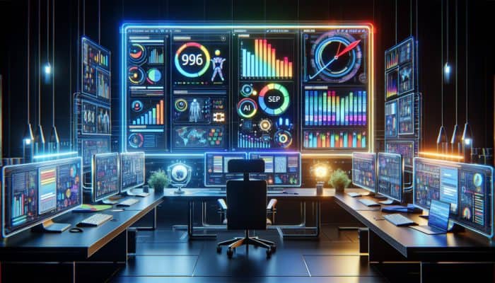 A futuristic dashboard illustrating AI-enhanced SERP analysis with graphs and charts in a modern office.